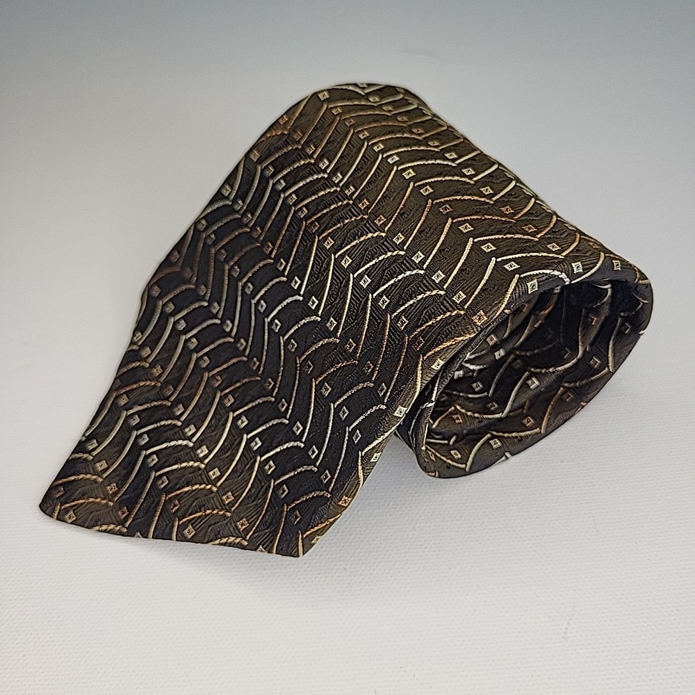 Luciano Gatti Elite 100% Silk Tie Brown Geometric Copper Metallic - Picture 1 of 6